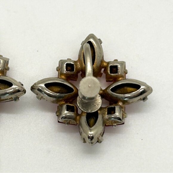 Vintage Floral Starburst Pink & Clear Rhinestone Silver-Tone Screw Back Earrings - Picture 6 of 8